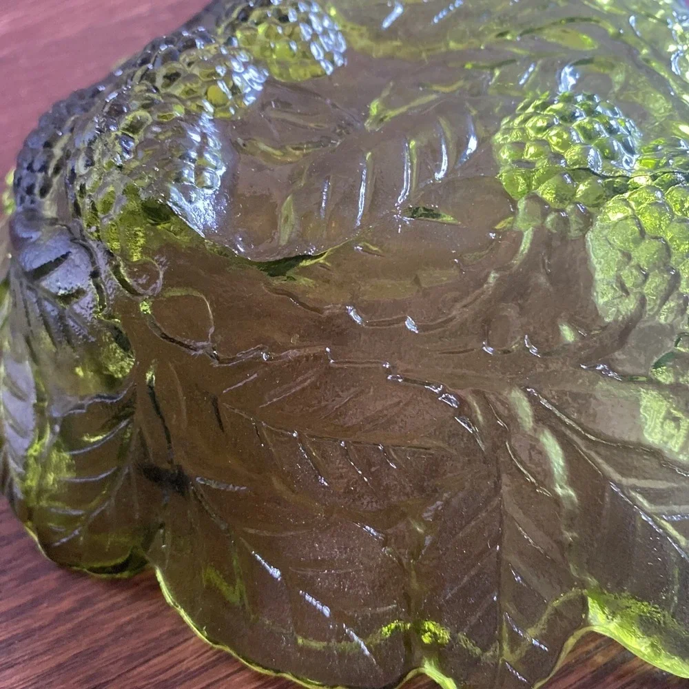 Vintage  Indiana Glass Candy Dish Avocado Green Raspberry Blackberry Leaf Design